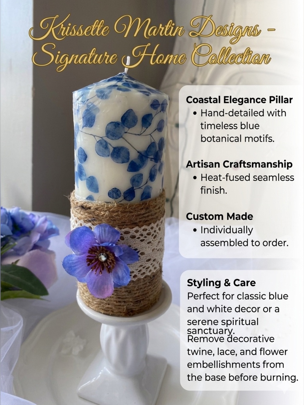 Krissette Martin Designs Bespoke "Coastal Elegance" Blue Botanical Candle